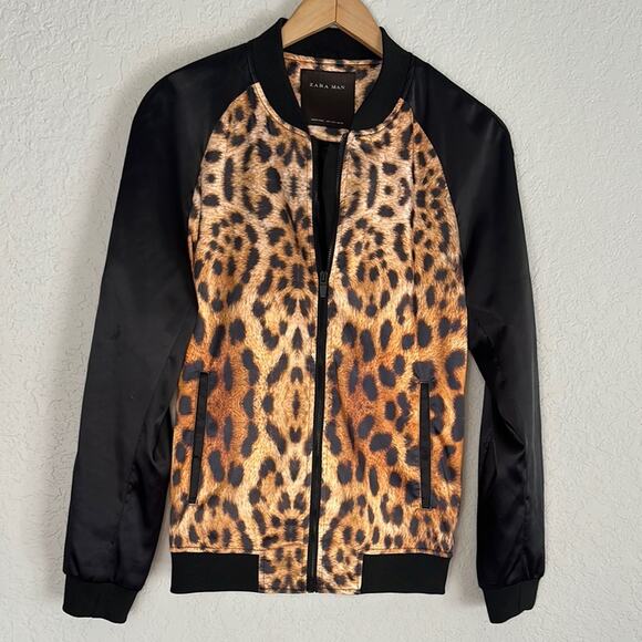 NEW Zara Man Leopard Satin Bomber Jacket Blogger Fave Streetwear Y2K Zip Front - Picture 1 of 11